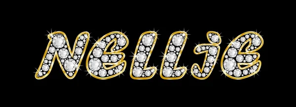 Der Name nellie geschrieben in Bling-Diamanten, mit glänzend goldenem Rahmen — Stockfoto