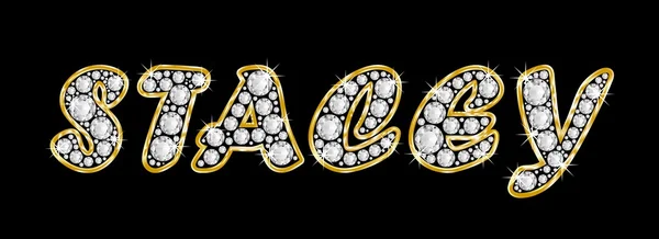 Der Name Stacey geschrieben in Bling-Diamanten, mit glänzend goldenem Rahmen — Stockfoto