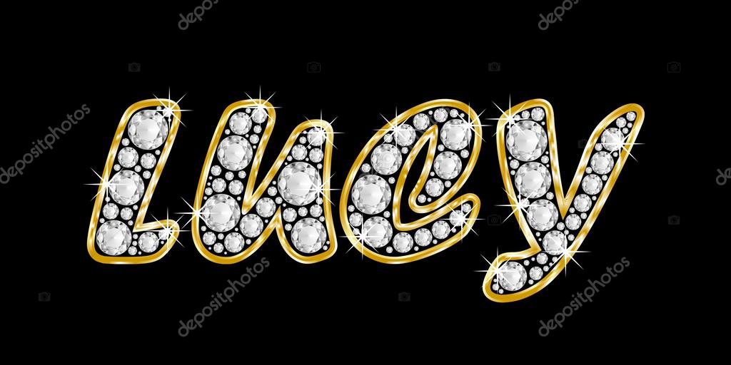 The name Lucy spelled in bling diamonds, with shiny, brilliant golden