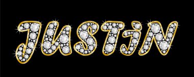 The name Justin spelled in bling diamonds, with shiny, brilliant golden frame