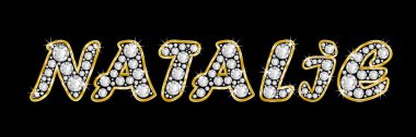 The name Natalie spelled in bling diamonds, with shiny, brilliant golden frame clipart