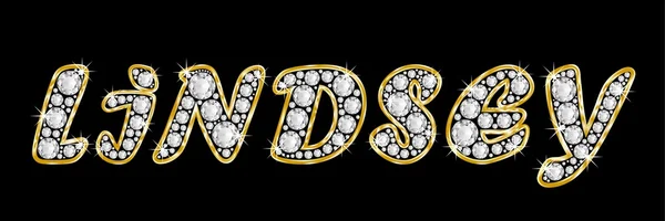 The name Lindsey spelled in bling diamonds, with shiny, brilliant golden frame — Stock Photo, Image