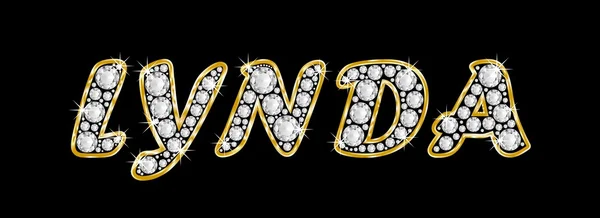 The name Lynda spelled in bling diamonds, with shiny, brilliant golden frame — Stock Photo, Image