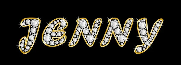 Der Name Jenny in Bling-Diamanten geschrieben, mit glänzend goldenem Rahmen — Stockfoto
