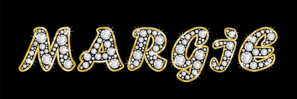 The name Margie spelled in bling diamonds, with shiny, brilliant golden frame — Stock Photo, Image