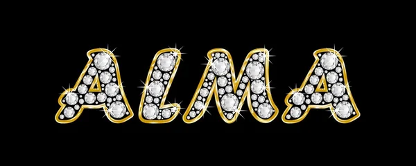 Der Name Alma, geschrieben in Bling-Diamanten, mit glänzend goldenem Rahmen — Stockfoto