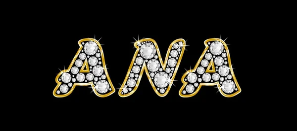 The name Ana spelled in bling diamonds, with shiny, brilliant golden frame — Stock Photo, Image