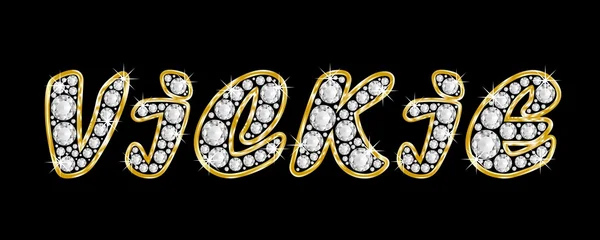 The name Vickie spelled in bling diamonds, with shiny, brilliant golden frame — Stock Photo, Image