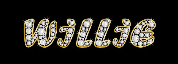 Der Name willie geschrieben in Bling-Diamanten, mit glänzend goldenem Rahmen — Stockfoto