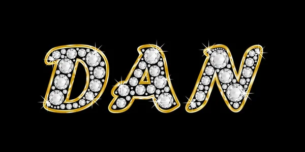 The name Dan spelled in bling diamonds, with shiny, brilliant golden frame — Stock Photo, Image