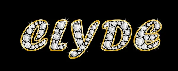 Le nom Clyde orthographié en diamants bling, avec brillant, cadre doré brillant — Photo