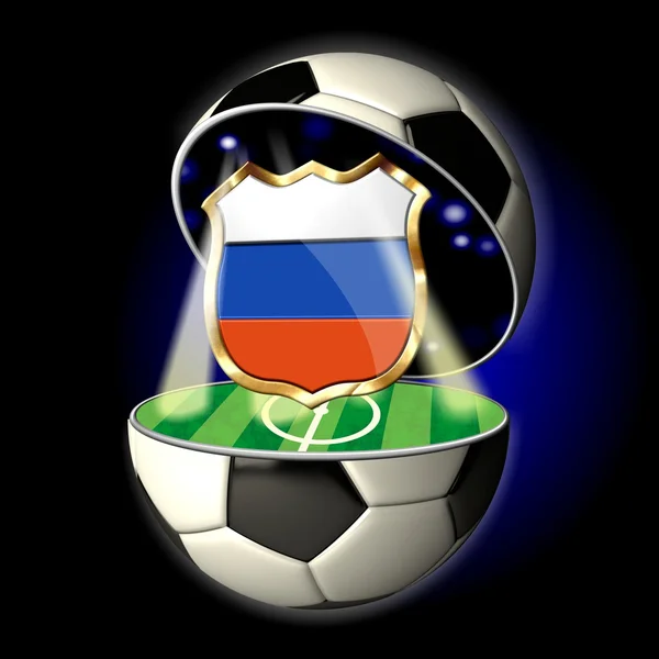 Open soccer ball with crest of Russia — Stock Photo, Image