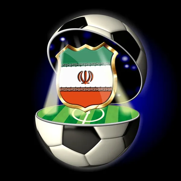 イランの紋章とサッカー ボールを開く ロイヤリティフリーのストック写真