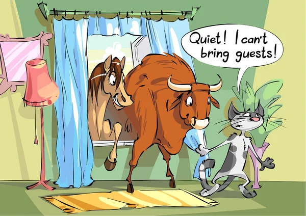 Karikatuur Een Paard Een Stier Komen Door Het Raam Een — Stockvector