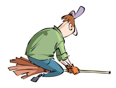 Süpürge vektörü çiziminde uçan komik adam.