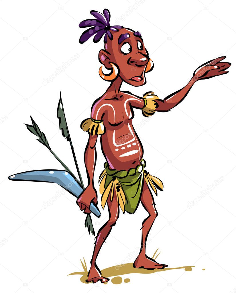 Cartoon Character from Australia Aboriginal with boomerang and arrows. Australia aborigine points with his hand