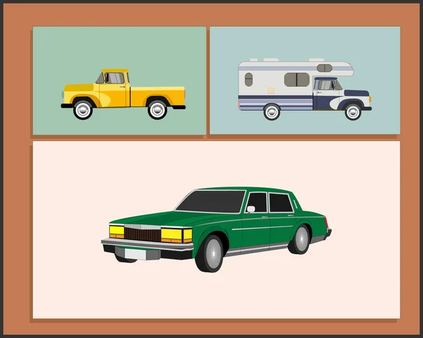 Pintura con diferentes coches viejos. Cultura americana del siglo XX — Vector de stock