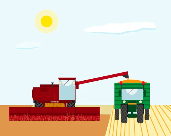 Harvesting from the fields. The work of the combine and the tractor to collect wheat — Vector de stock