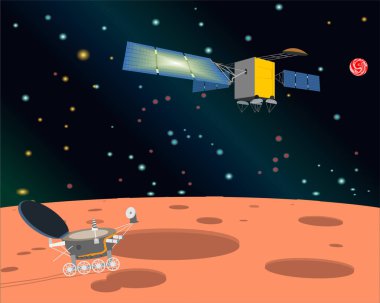 Yapay bir uydu ve açık uzayda ay gezgini görüntüsü.