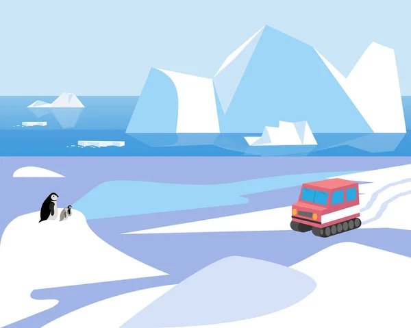 Paesaggio dell'Antartide con ghiacciai, una famiglia di pinguini sta considerando una motoslitta. Paesaggio del Polo Sud. — Vettoriale Stock
