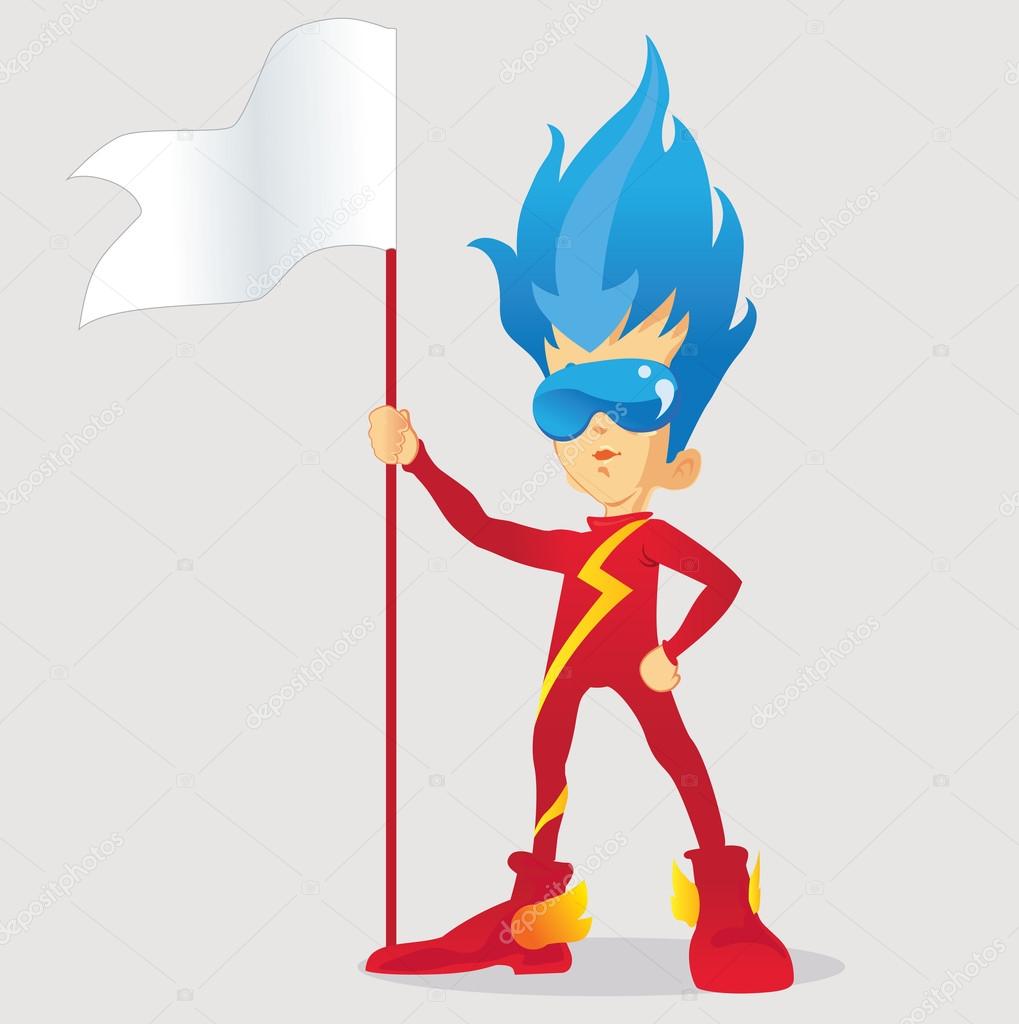Young superhero holding flag