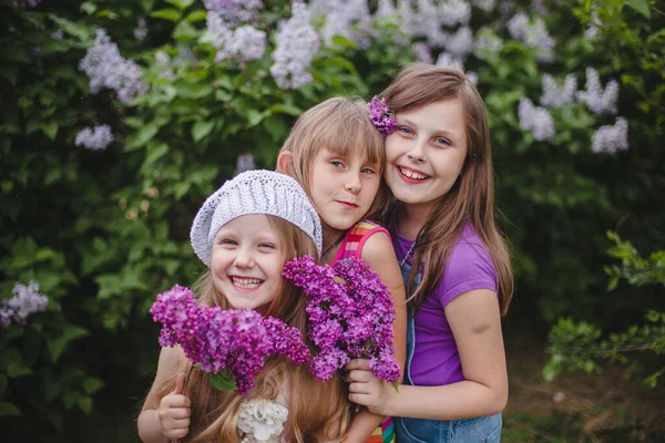 Три улыбающиеся европейские девушки стоят, обнимаясь в летнем саду с сиреневыми цветами в руках — стоковое фото