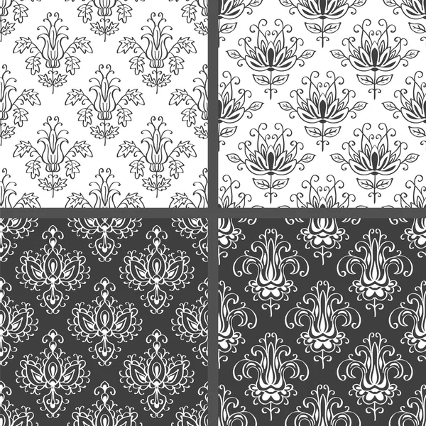 Conjunto de patrones de damasco floral blanco y negro sin costuras . — Archivo Imágenes Vectoriales