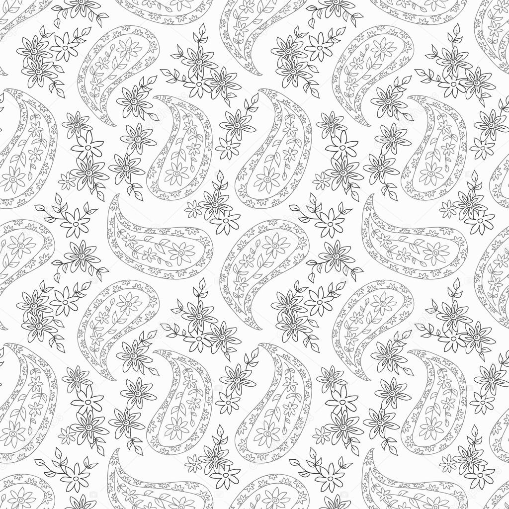 Paisley floral textile pattern. Black and white seamless background