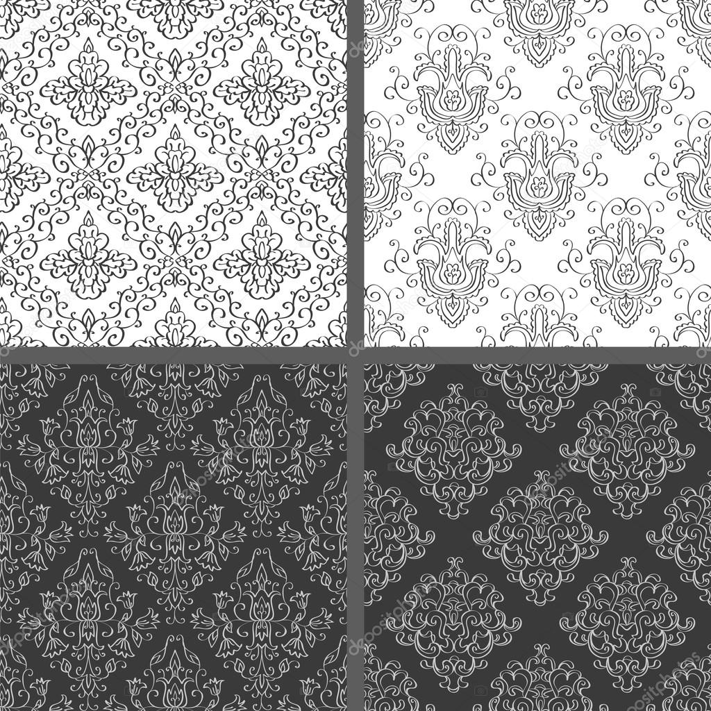Set of seamless abstract damask patterns. Ethnic black and white background.