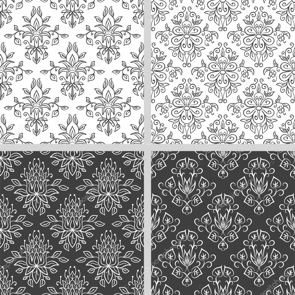 Set of seamless black and white floral ethnic patterns.