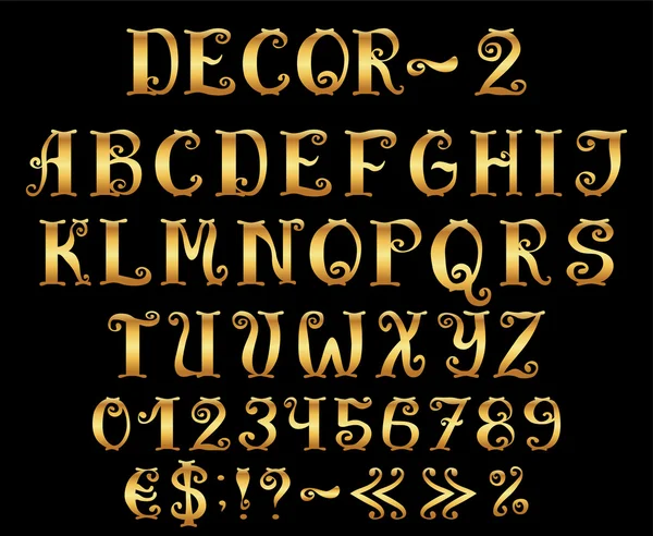 Alfabeto inglés dorado con números y símbolos . — Vector de stock