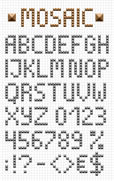 Mosaico mayúsculas alfabeto inglés con números y símbolos — Vector de stock