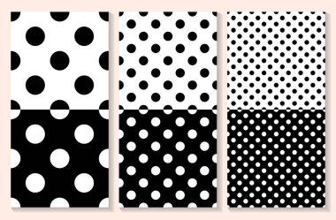 Polka noktasız desen ayarlandı. Siyah ve beyaz retro vektör arkaplanı. Daireli geometrik kumaş örneği. Klasik tekrar kiremit koleksiyonu.  