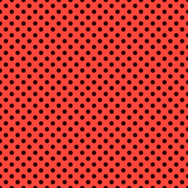 Uğurböceği desenli. Polka nokta retro vektör arka planı. Kırmızı üzerinde siyah küçük daireler olan kumaş örnekleri. Uğur böceği fayansı tekrarlıyor. Vahşi yaşam doğa baskısı. 