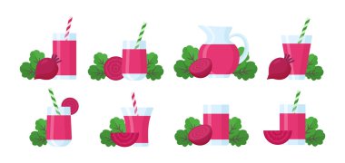 Kırmızı pancar kökü suyu. Dilimlenmiş pancar kökü ve yeşil yapraklı taze smoothie koleksiyonu. Sağlıklı vejetaryen içeceği. Çizgi film çizimi. Beyaz arkaplanda izole nesneler