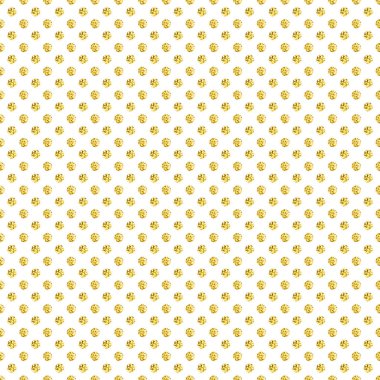 Holiday polka dot pattern with gold glitter. Vector illustration with small golden confetti circles on white background. Geometric seamless texture with yellow shine spots. 