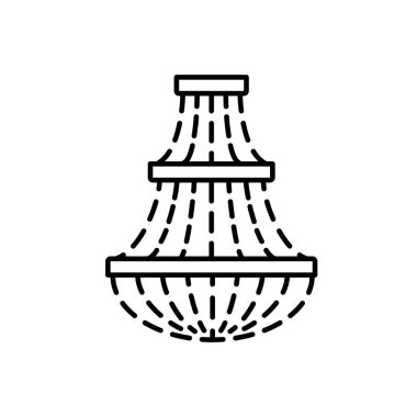 Retro kristal kademe avizenin siyah ve beyaz vektör çizimi. Klasik kolye tavan lambasının çizgi simgesi. Lüks ev dekoratif lamba. Beyaz arkaplandaki izole nesne 