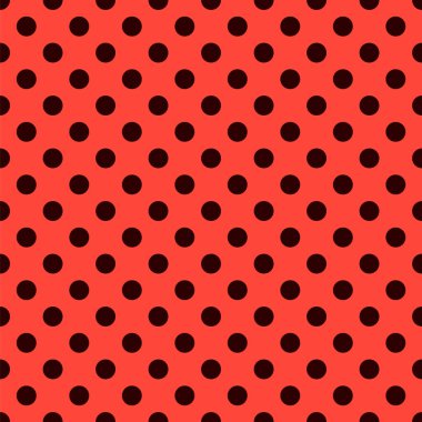 Uğurböceği desenli. Polka nokta retro vektör arka planı. Kırmızı üzerinde siyah orta halkalar olan kumaş örnekleri. Uğur böceği fayansı tekrarlıyor. Vahşi yaşam doğa baskısı. 