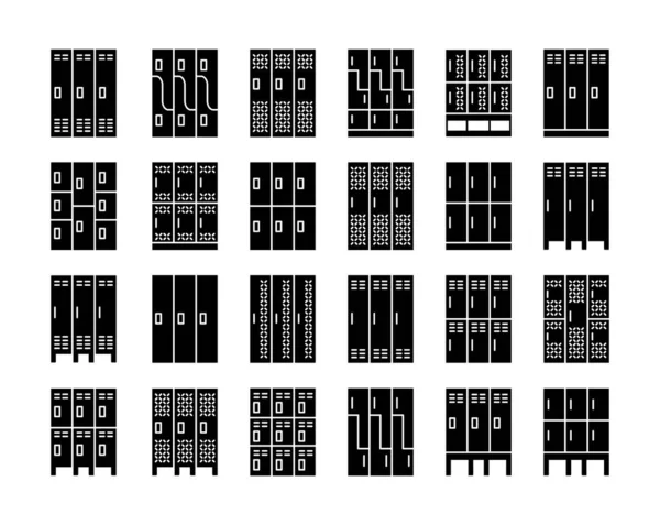 ジムとフィットネスロッカー 学校や大学のためのスチールキャビネット 個人的な衣類の安全な保管のための金属製のクローゼット スポーツ家具 フラットシルエットアイコンベクトルセット — ストックベクタ