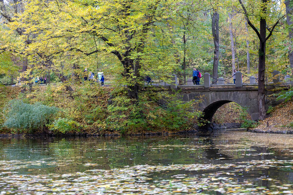 Uman', Ukraine - October 14, 2021: Sofievsky arboretum or Sofiyivsky Park in Uman, on a cloudy autumn day