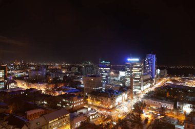 Dnipro, Ukraine - December 23, 2021: Night view from Menora center to the Dnipro city