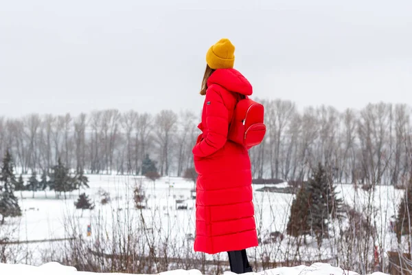 Cherkasy Ukraine January 2022 Girl Red Coat Look Rose Valley — Stock Photo, Image