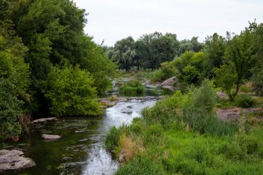 Korsun 'un Shevchenkivs' kyi, Cherkasy Oblastı, Ukrayna 'daki Ros nehrinin granit kıyıları
