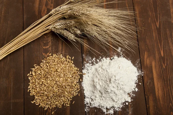 Wheat, plant seeds and flour — Stock Photo, Image