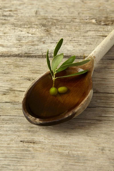 Rama de olivo y una cuchara llena de aceite — Foto de Stock