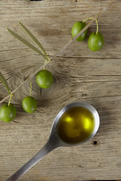 Ramo d'ulivo e un cucchiaio pieno di olio — Foto Stock