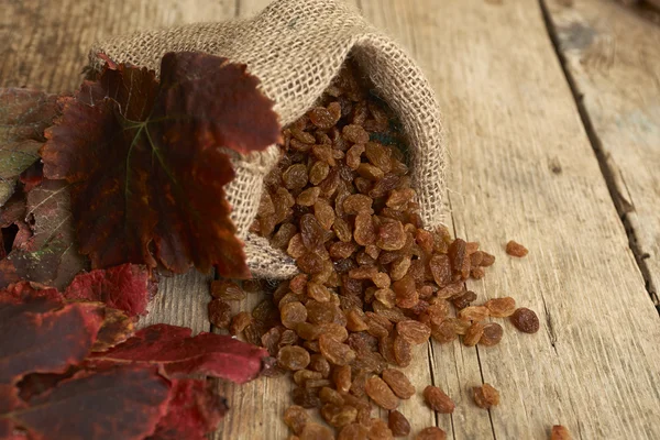 Golden raisins in burlap bag over wooden table — Stock Photo, Image