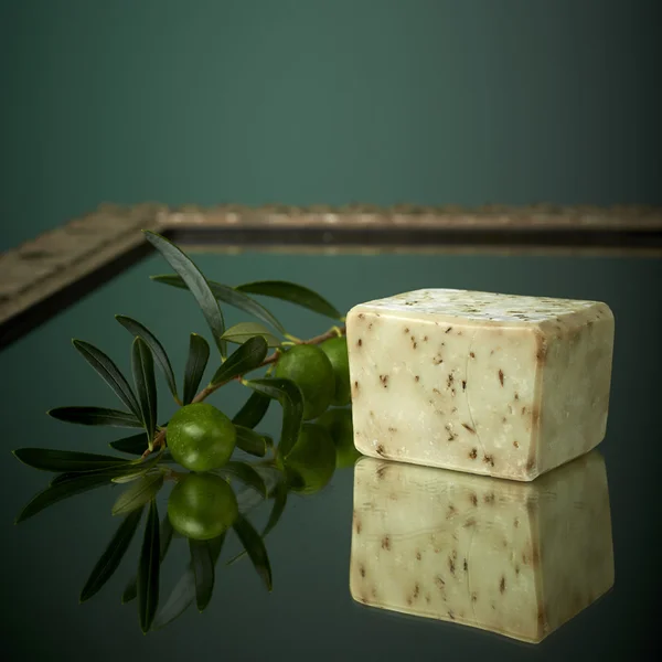 Handgjorda oliv tvål med olivkvist. — Stockfoto
