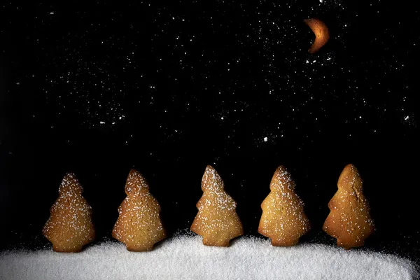 Biscotti. inverno nevoso notte stellata con la luna, nella foresta — Foto Stock