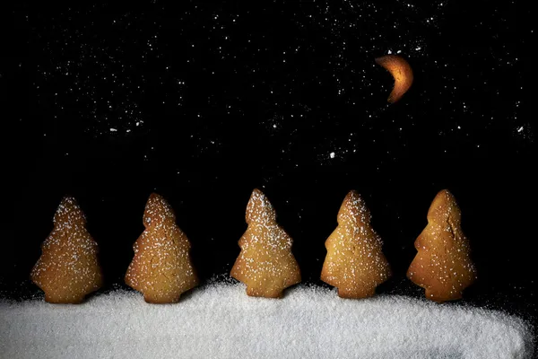クッキー。冬の雪に覆われた森の月と星降る夜 — ストック写真